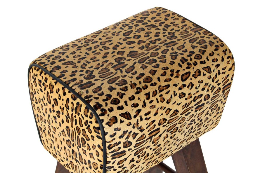 Detall ITEM Taburete Madera Piel 43X35X75 Leopardo Marron New