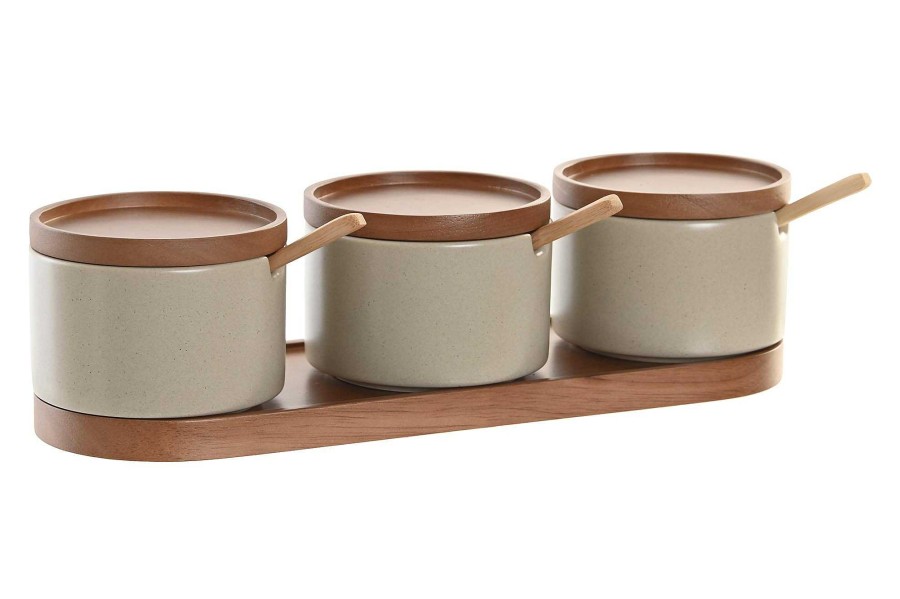 ITEM Azucarero Set 3 Rubberwood Porcelana 29X10X7 Beige Wholesale